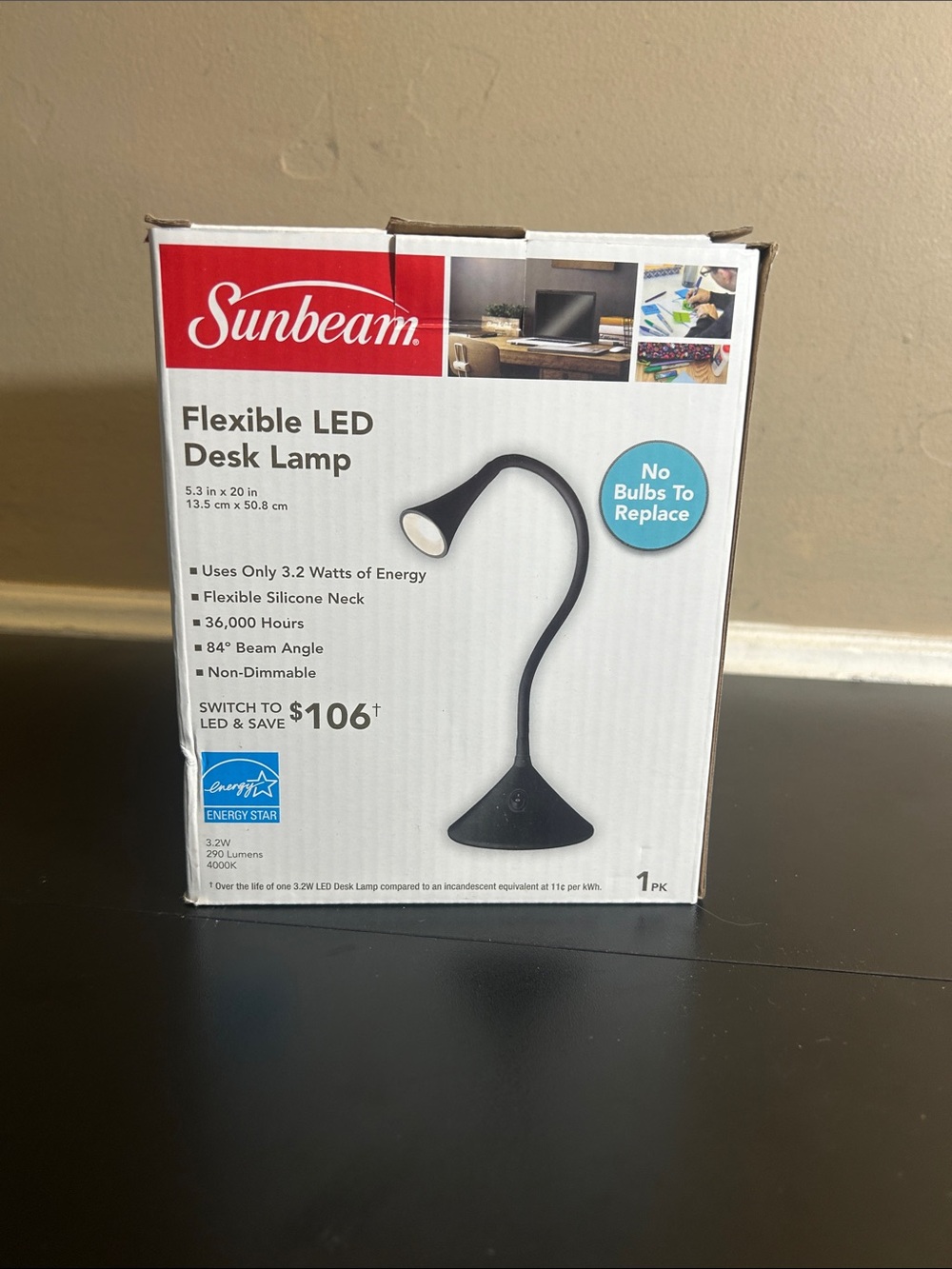 Sunbeam Flexible Silicone Neck Led Desk Lamp Black No Bulb Energy Star 290Lumens